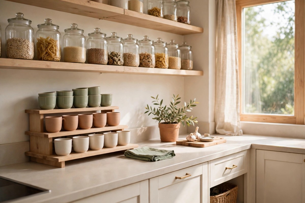 Bright organized small kitchen with labeled jars on wooden shelves
